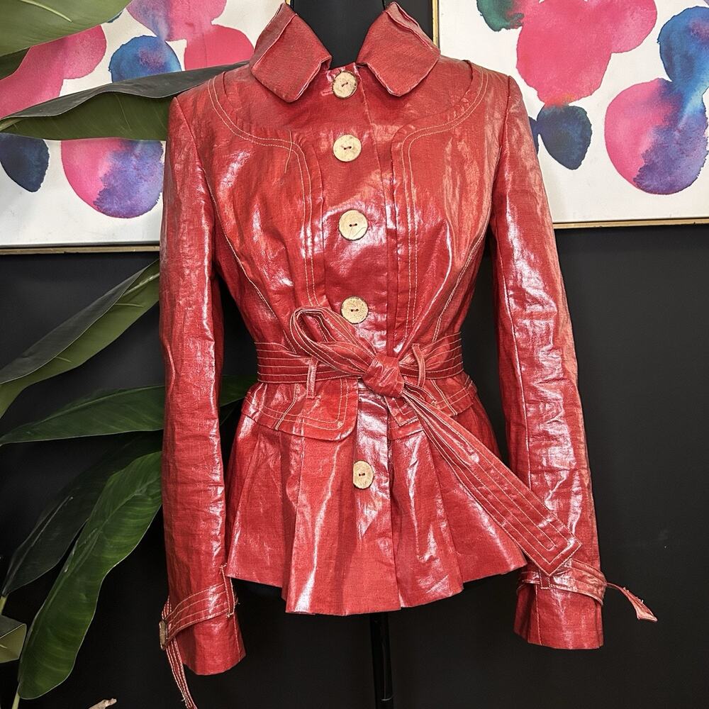 People Like Frank Red Leather Jacket with A Belted Waist Women's 4